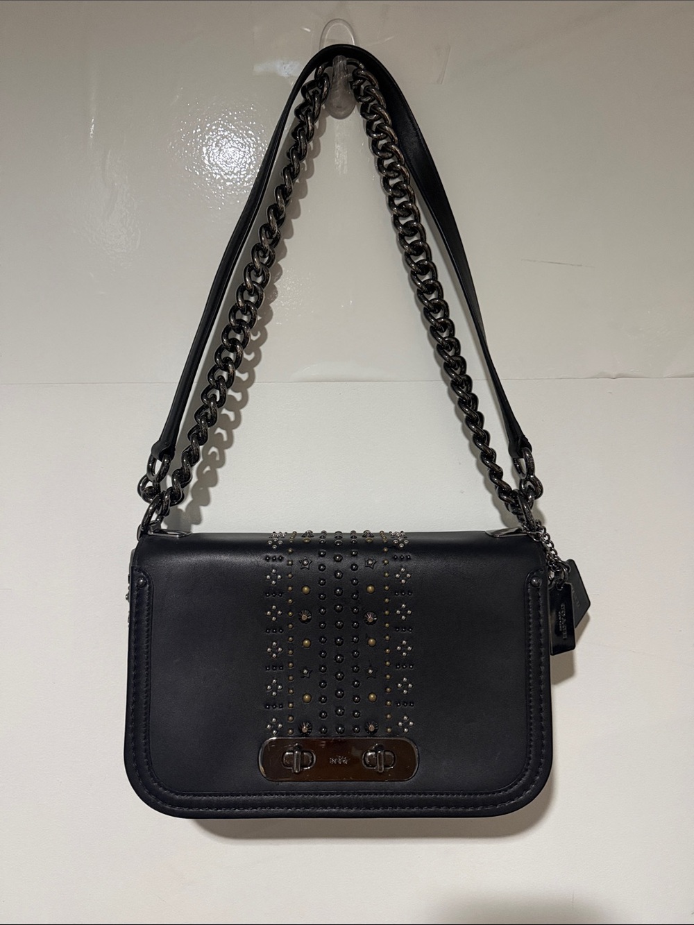 Coach Black Leather Studded Crossbody Bag with Gunmetal Chain